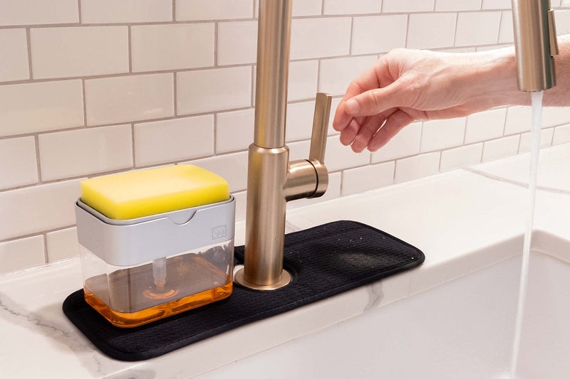 S&T INC. Microfiber Kitchen Faucet Sink Mat Drip and Splash Catcher with Snap Fastener, Absorbent and Reversible, 15 Inch x 5.5 Inch, Black - Image 5