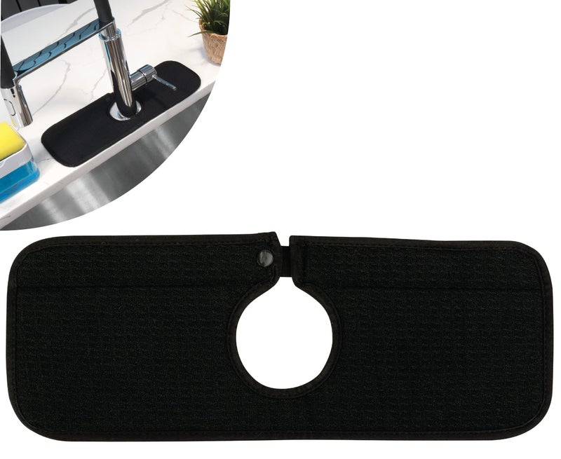 S&T INC. Microfiber Kitchen Faucet Sink Mat Drip and Splash Catcher with Snap Fastener, Absorbent and Reversible, 15 Inch x 5.5 Inch, Black - Image 1