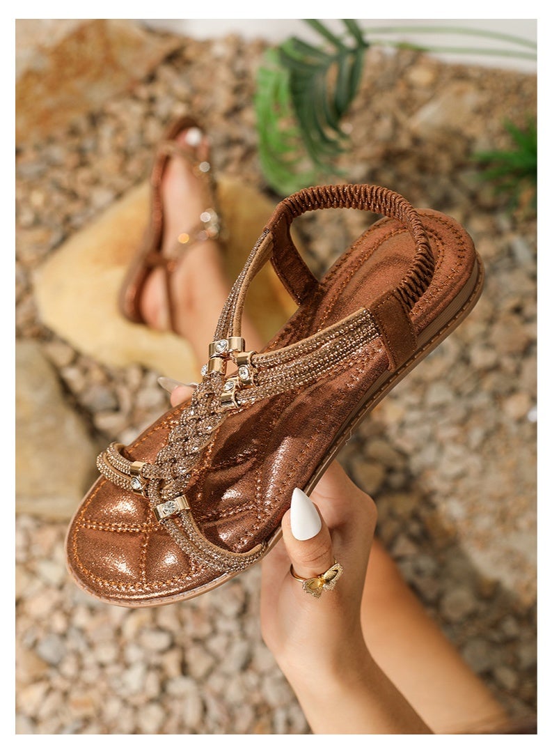 NIBEMINENT صنادل بوهيميا النسائية ذات الكعب المرن أحذية شاطئية غير رسمية للنساء أحذية عصرية - Image 2