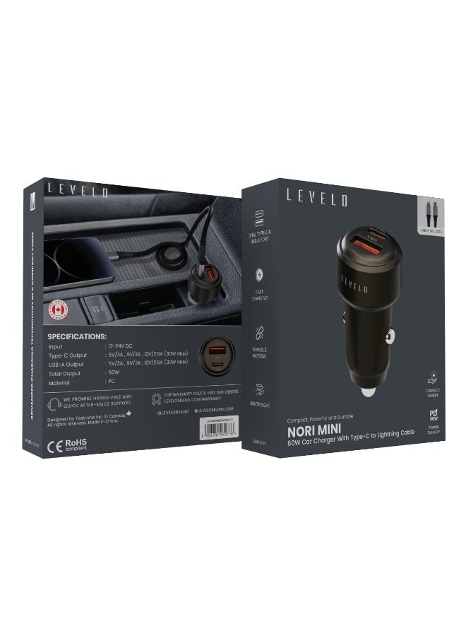 LEVELO Nori Mini 60W PD Car Charger Dual type-C & USB-A port / Type-C to Lightning Cable / Durable Material / Fast Charging / Compact Design – grey - Image 5