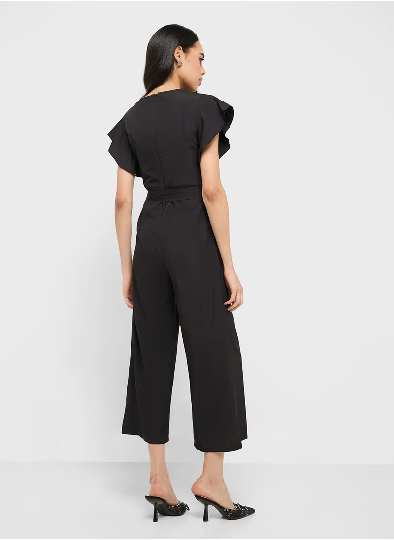 جينجر Ruffle Sleeve Belt Tie Up Detail Jumpsuit