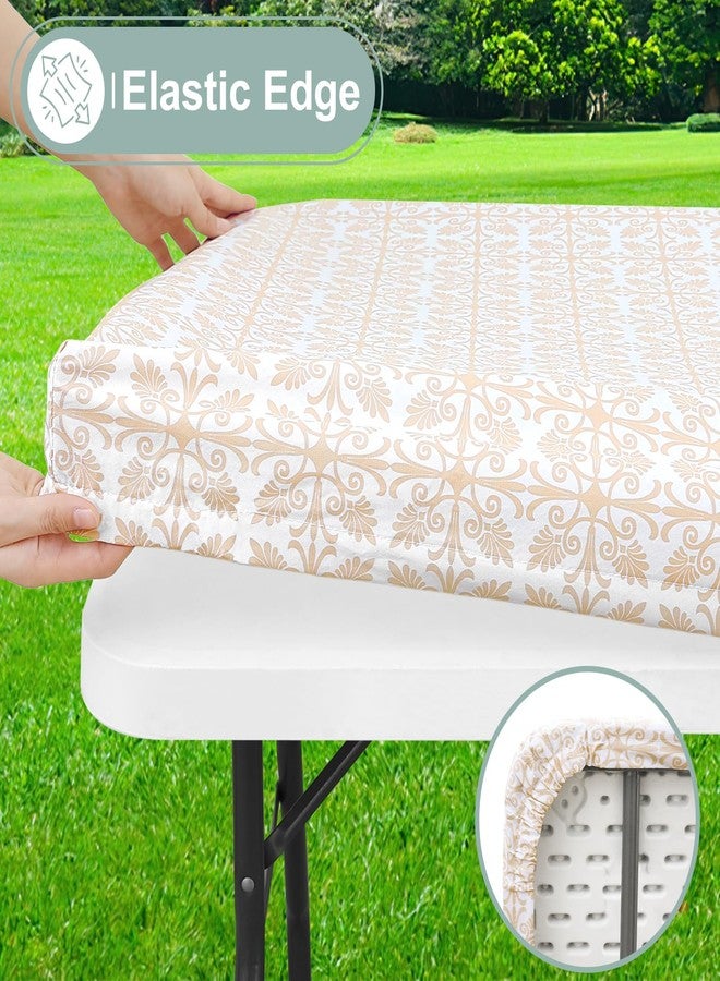 misaya Rectangle Vinyl Table Cloth, Elastic Fitted Flannel Backed Tablecloth, 100% Waterproof Plastic Table Cover Fits 6 Foot Folding Tables for Picnic, Camping, Outdoor (Khaki, 30" x 72") - Image 2