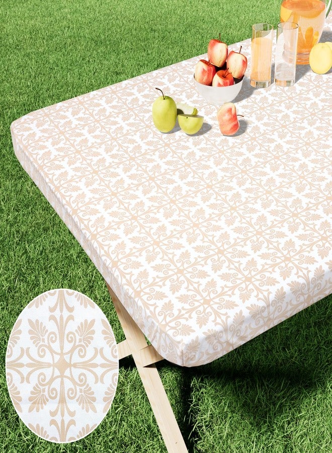 misaya Rectangle Vinyl Table Cloth, Elastic Fitted Flannel Backed Tablecloth, 100% Waterproof Plastic Table Cover Fits 6 Foot Folding Tables for Picnic, Camping, Outdoor (Khaki, 30" x 72") - Image 1