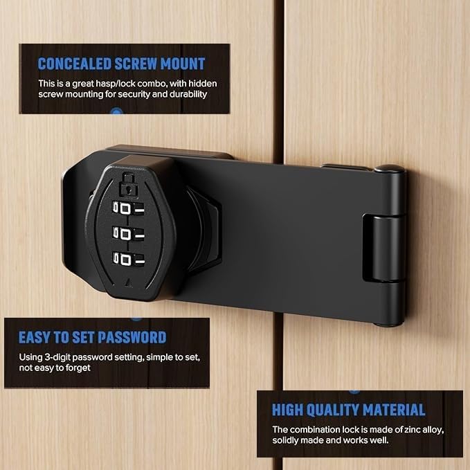 Bindex Household Cabinet Door Combination Lock3Digit Password Combination Code Hasp LockZinc Alloy Cabinet Door Security Slide Latch Lock for Small Doors Cabinets Barn Door Outdoor 1 Black - Image 3