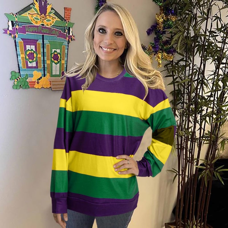 FASHGL Womens Mardi Gras Shirt Stripes Fat Tuesday Tee Shirt Sequin New Orleans Carnival Party Long Sleeve Top - Image 3