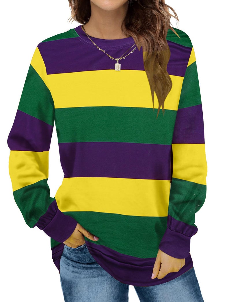 FASHGL Womens Mardi Gras Shirt Stripes Fat Tuesday Tee Shirt Sequin New Orleans Carnival Party Long Sleeve Top - Image 1