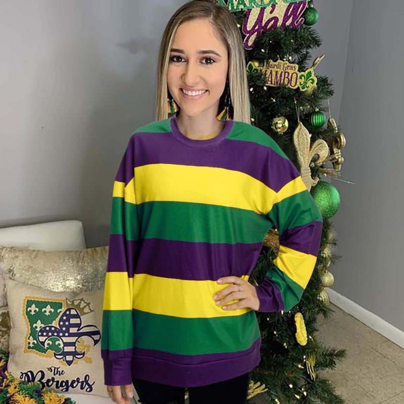 FASHGL Womens Mardi Gras Shirt Stripes Fat Tuesday Tee Shirt Sequin New Orleans Carnival Party Long Sleeve Top - Image 2