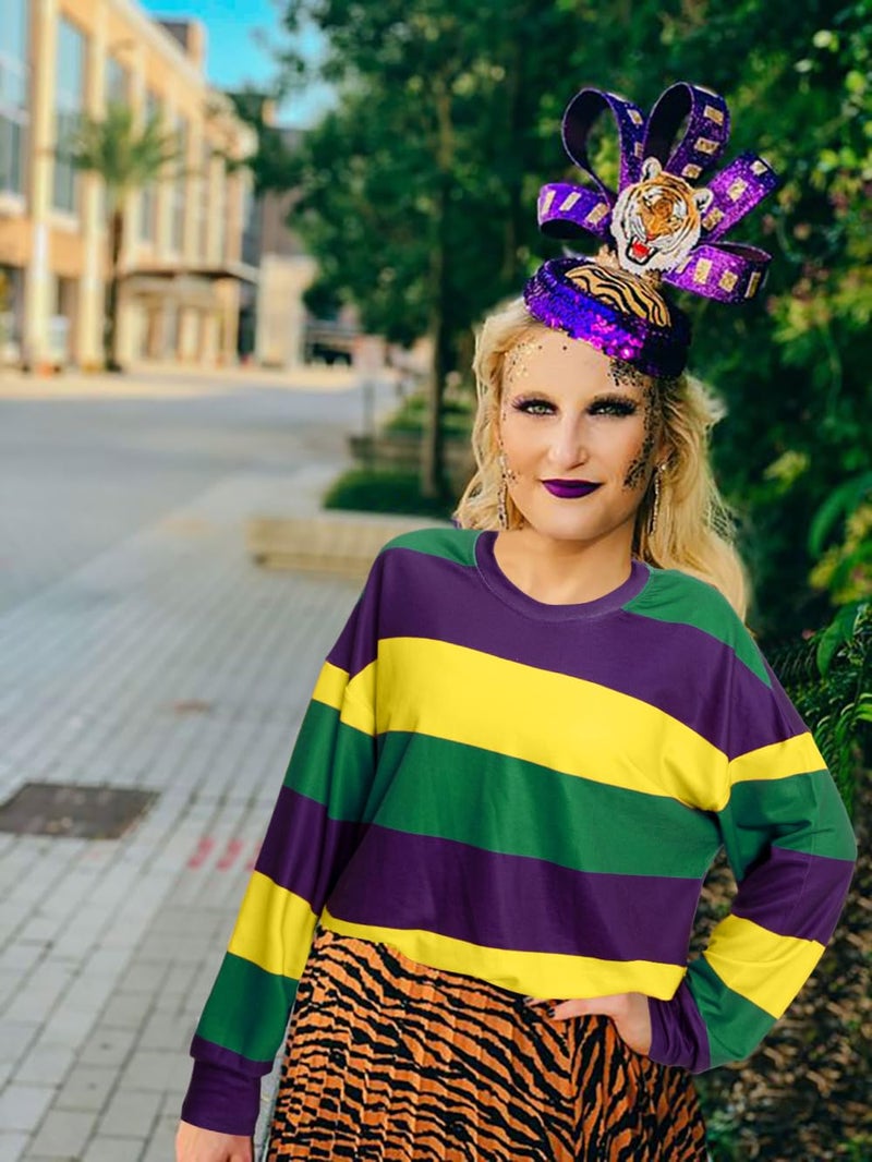 FASHGL Womens Mardi Gras Shirt Stripes Fat Tuesday Tee Shirt Sequin New Orleans Carnival Party Long Sleeve Top - Image 4