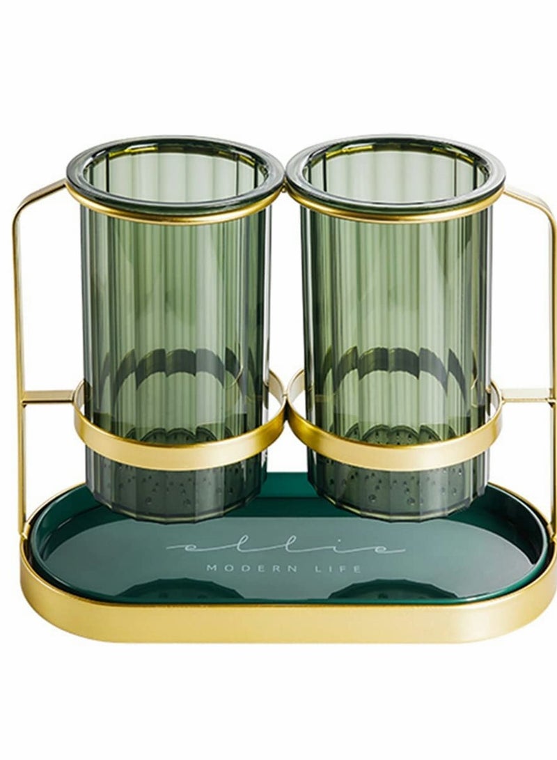 SYOSI Kitchen Utensil Holder organizer for Countertop, 2 Detachable Plastic Green Cups with Gold Iron Frame Utensil Caddys, Cooking Utensil Holder for Counter for Fork Spatula Flatware - Image 1