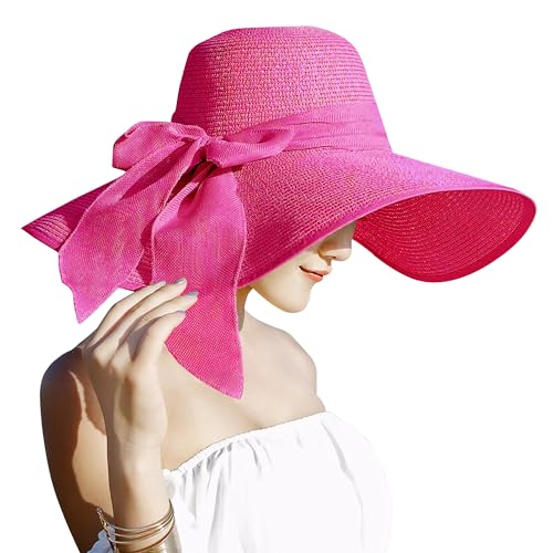 Lanzom Womens 5.5 Inches Big Bowknot Straw Hat Large Floppy Foldable Roll up Beach Cap Sun Hat UPF 50+ Fit Size 6 8/7-7 1/4(Rose) - Image 1