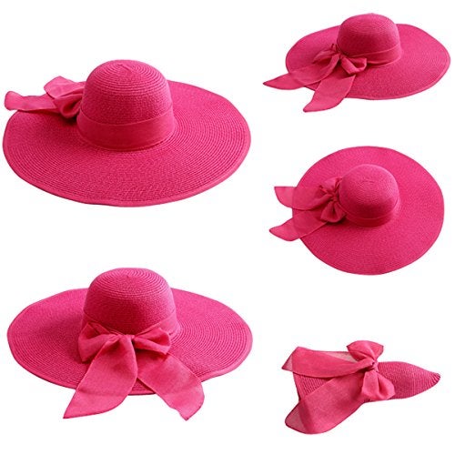 Lanzom Womens 5.5 Inches Big Bowknot Straw Hat Large Floppy Foldable Roll up Beach Cap Sun Hat UPF 50+ Fit Size 6 8/7-7 1/4(Rose) - Image 2