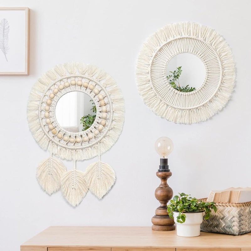 LOMOHOO 2pcs Hanging Wall Mirror with Macrame Fringe Set Round Boho Antique Weave Mirrors Art Decor for Apartment LivingRoom Bedroom Baby Nursery Room - Image 5