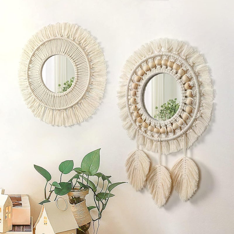 LOMOHOO 2pcs Hanging Wall Mirror with Macrame Fringe Set Round Boho Antique Weave Mirrors Art Decor for Apartment LivingRoom Bedroom Baby Nursery Room - Image 3