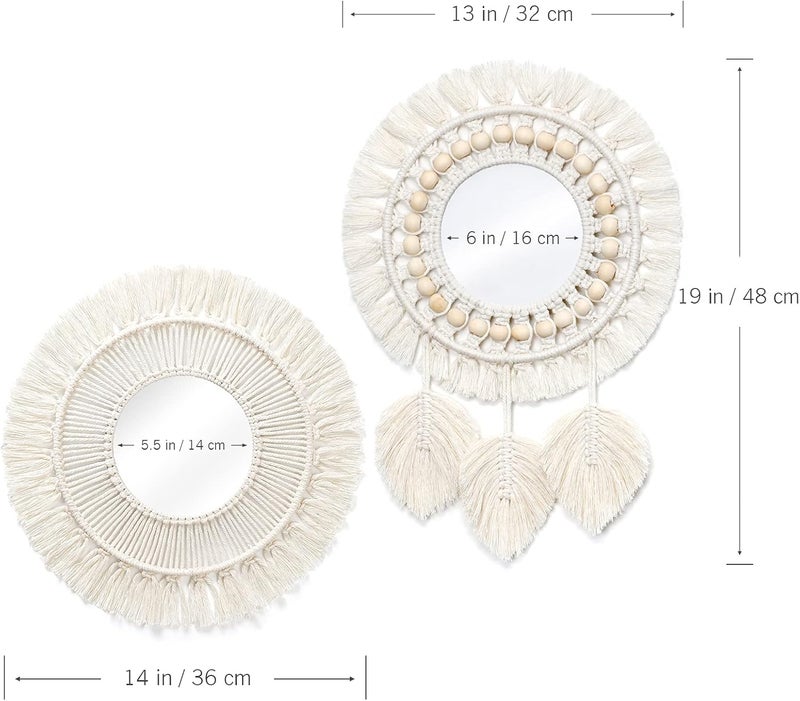 LOMOHOO 2pcs Hanging Wall Mirror with Macrame Fringe Set Round Boho Antique Weave Mirrors Art Decor for Apartment LivingRoom Bedroom Baby Nursery Room - Image 2