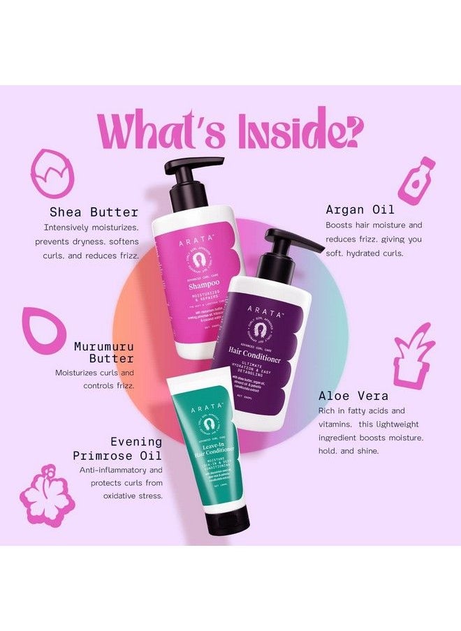 ARATA - Advanced Curl Care Curly Hair Combo ; With Shampoo (300 Ml) Rinseout Conditioner (300 Ml) & Leavein Conditioner (100 Ml) ; Hibiscus Extract Coconut Water & Shea Butter ; Conditions Curls - Image 1