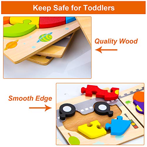 SKYFIELD Wooden Vehicle Puzzles for 1 2 3 Years Old Boys Girls, Toddler Educational Developmental Toys Gift with 6 Vehicle Baby Montessori Color Shapes Learning Puzzles, Great Gift Ideas - Image 3