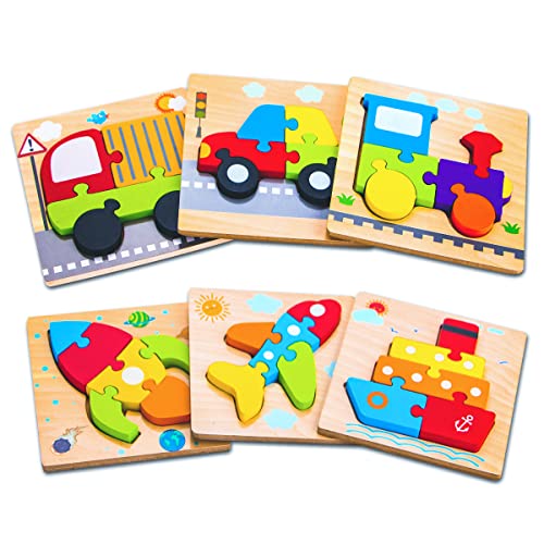 SKYFIELD Wooden Vehicle Puzzles for 1 2 3 Years Old Boys Girls, Toddler Educational Developmental Toys Gift with 6 Vehicle Baby Montessori Color Shapes Learning Puzzles, Great Gift Ideas - Image 1