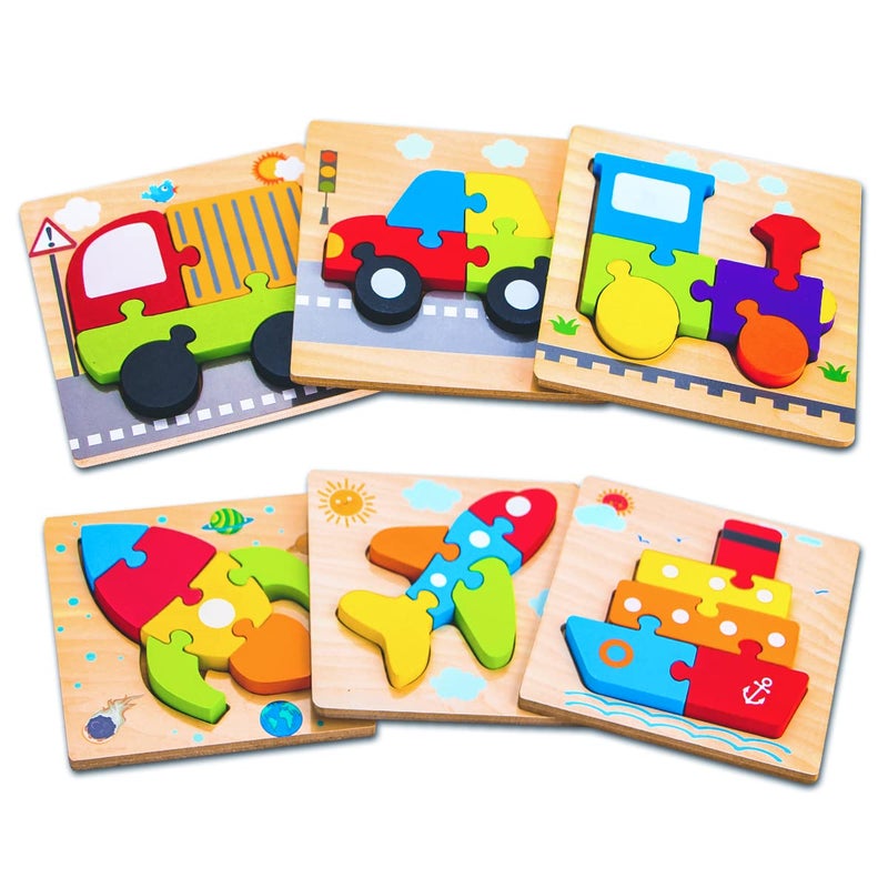 SKYFIELD Wooden Vehicle Puzzles for 1 2 3 Years Old Boys Girls, Toddler Educational Developmental Toys Gift with 6 Vehicle Baby Montessori Color Shapes Learning Puzzles, Great Gift Ideas - Image 2