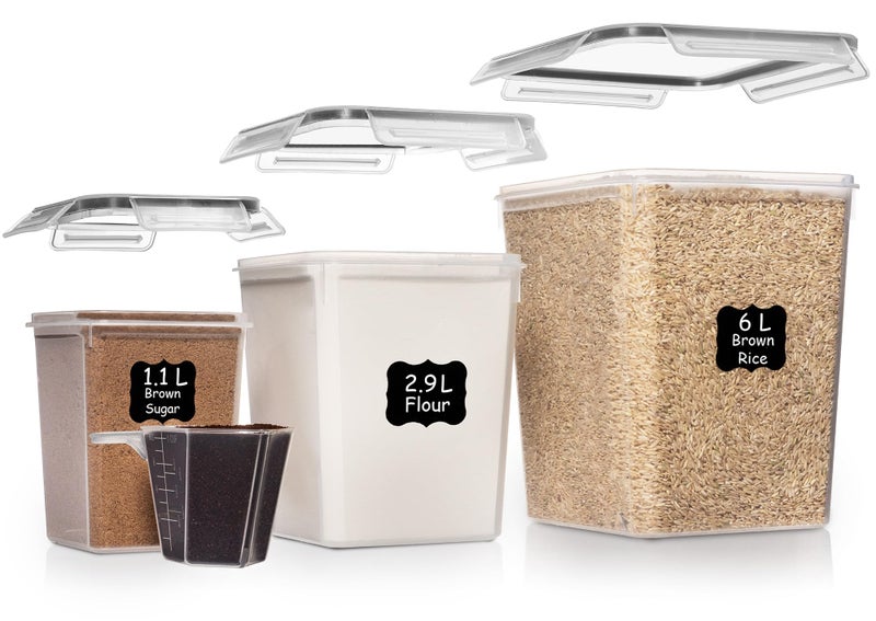 Shazo Flour Sugar Storage Containers Set of 3 (6L, 2.9L, 1.1L) Large Airtight Food Storage Containers with Lids, BPA-Free Plastic Container for Kitchen & Pantry Organizers, Cereal, Rice & Pasta - Image 1