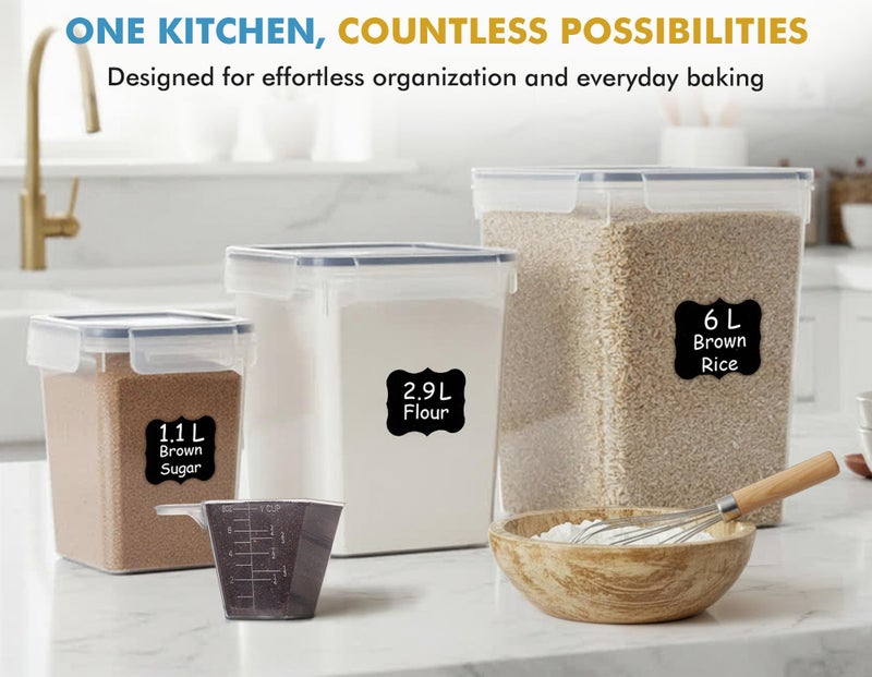 Shazo Flour Sugar Storage Containers Set of 3 (6L, 2.9L, 1.1L) Large Airtight Food Storage Containers with Lids, BPA-Free Plastic Container for Kitchen & Pantry Organizers, Cereal, Rice & Pasta - Image 4