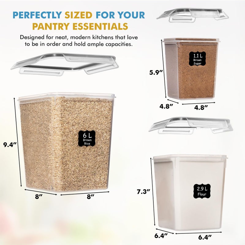 Shazo Flour Sugar Storage Containers Set of 3 (6L, 2.9L, 1.1L) Large Airtight Food Storage Containers with Lids, BPA-Free Plastic Container for Kitchen & Pantry Organizers, Cereal, Rice & Pasta - Image 2