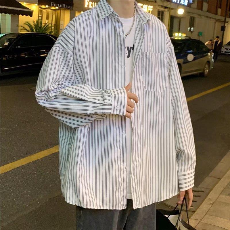 White Vertical Stripe Long-sleeved Shirt Mens Summer New Fashion Brand Fashionable Thin Loose Student Couple Shirt Jacket Blue high-end - Image 2
