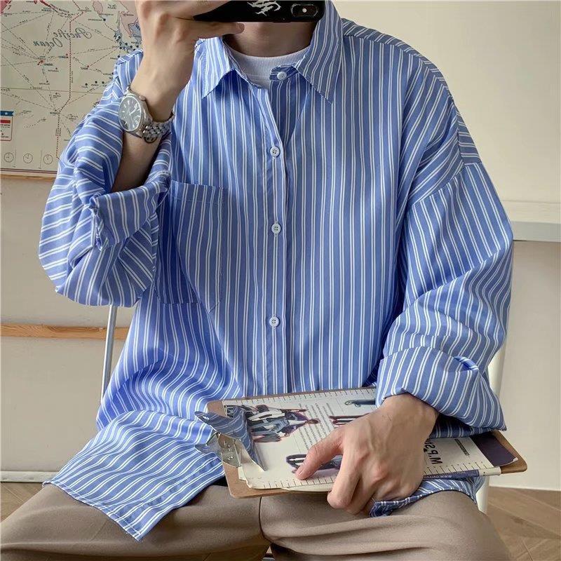White Vertical Stripe Long-sleeved Shirt Mens Summer New Fashion Brand Fashionable Thin Loose Student Couple Shirt Jacket Blue high-end - Image 1