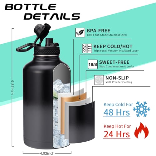 DIGJUPER Half Gallon Insulated Water Bottle - with Straw & Spout Lid, Paracord Handle & Carrier Bag, Protective Cup Mat, 64oz Vacuum Stainless Steel Water Bottle, Metal Vacuum Flasks Keep Cold 48h Hot 24h - Image 3