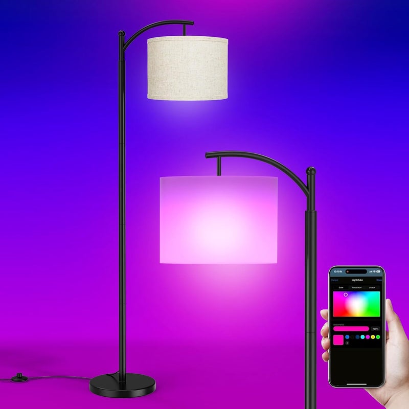 Rottogoon Floor Lamps with Matter Smart Light Bulb, RGB + Color Temperatures Bright Dimmable Smart Floor lamp, Living Room Standing Tall Industrial Floor Lamp (Beige Lampshade Included) -Black - Image 1