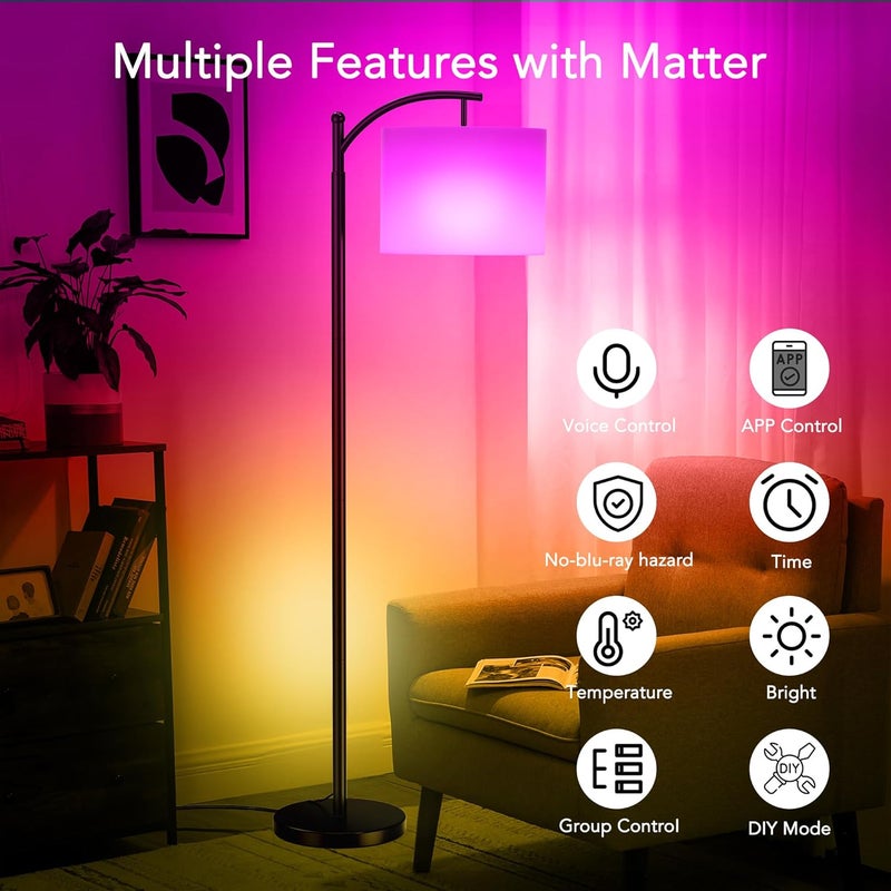 Rottogoon Floor Lamps with Matter Smart Light Bulb, RGB + Color Temperatures Bright Dimmable Smart Floor lamp, Living Room Standing Tall Industrial Floor Lamp (Beige Lampshade Included) -Black - Image 4