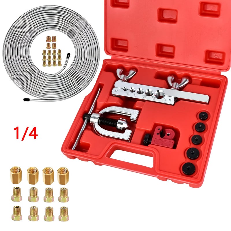 1 4 Inch 25ft Copper Coated Brake Pipe Kit With 28 Fittings And Flaring Tool - Image 1