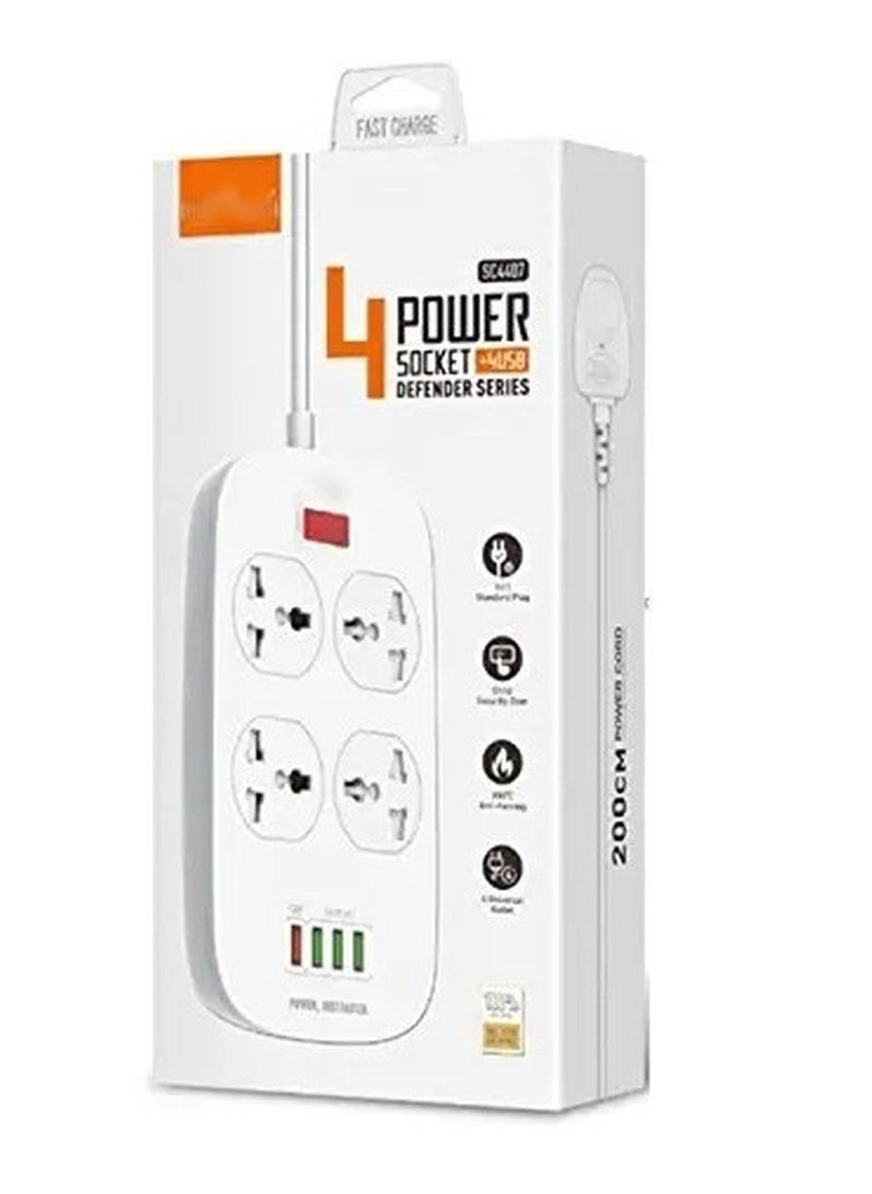 Rabos 4-USB Ports and 4-Power Socket Extention Board with Lighting Charging Cable White  - Image 2