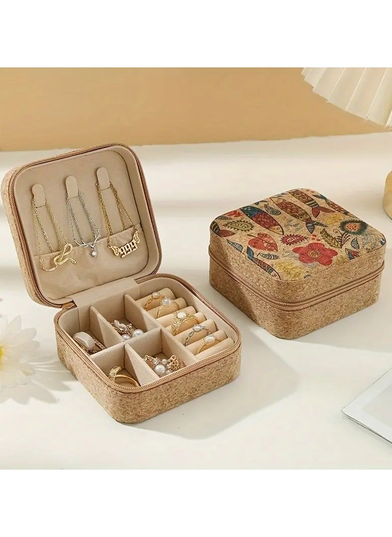 Rozino 1pc Vintage Leather Jewelry Box with Zipper Closure Boho Textured Rectangle Organizer for Earrings, Rings, Necklaces  - Image 1