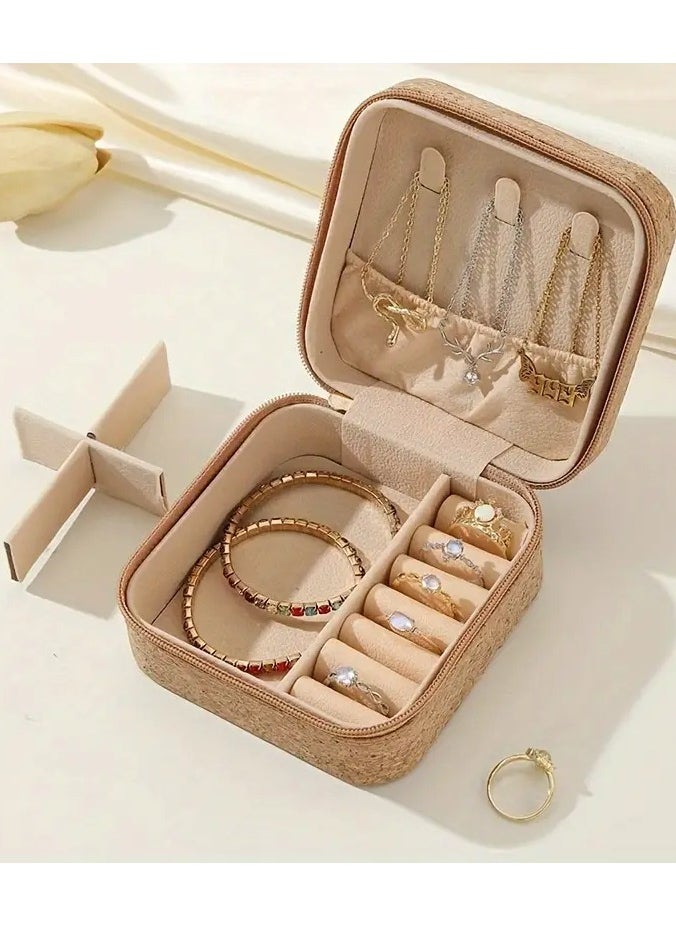 Rozino 1pc Vintage Leather Jewelry Box with Zipper Closure Boho Textured Rectangle Organizer for Earrings, Rings, Necklaces  - Image 4
