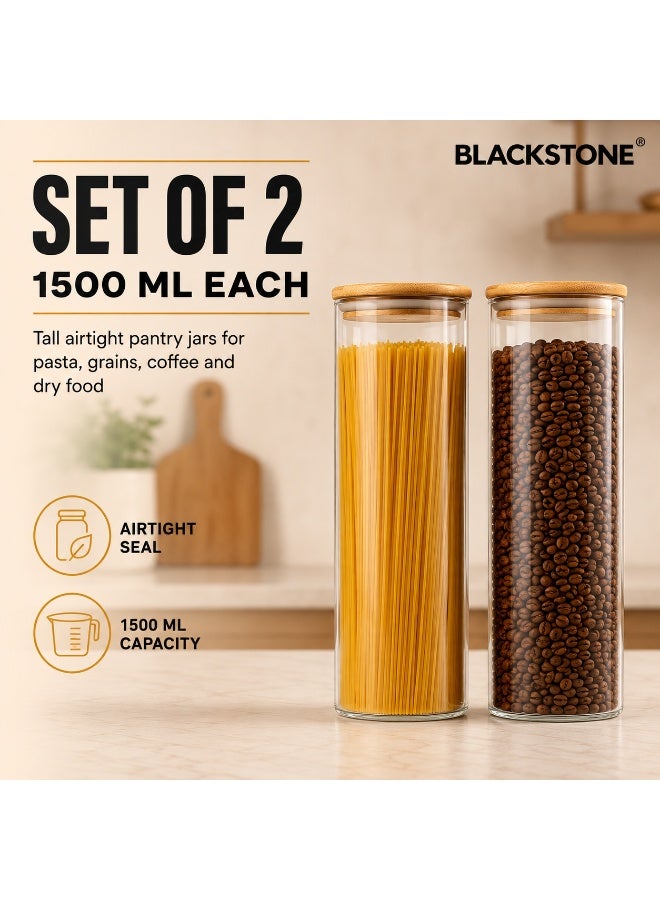Blackstone Borosilicate Glass Pantry Storage Jars With Airtight Bamboo Lid For Pasta Rice Coffee YK4101 (2Pcs, 1500ML Each) - Image 2