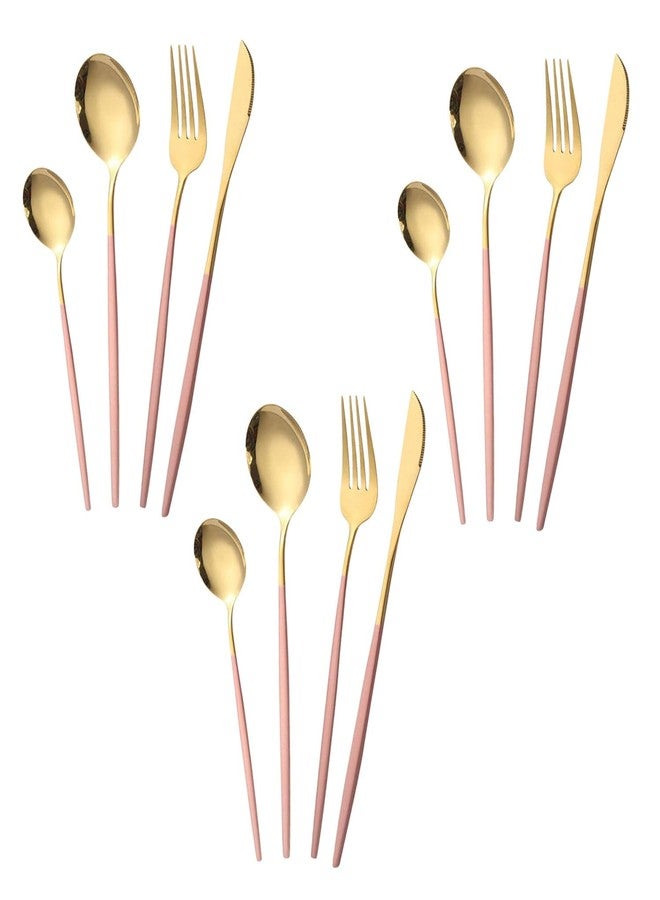 P Plus Fire Stainless Steel Tableware Western Style Steak Knives, Forks, Spoons Set Silverware Kitchen Cutlery Set Utensils Flatware Sets for Dinner, Party, Daily Use (Pink, Set of 12) - Image 1