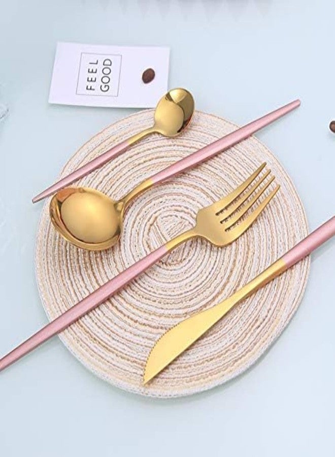 P Plus Fire Stainless Steel Tableware Western Style Steak Knives, Forks, Spoons Set Silverware Kitchen Cutlery Set Utensils Flatware Sets for Dinner, Party, Daily Use (Pink, Set of 12) - Image 3
