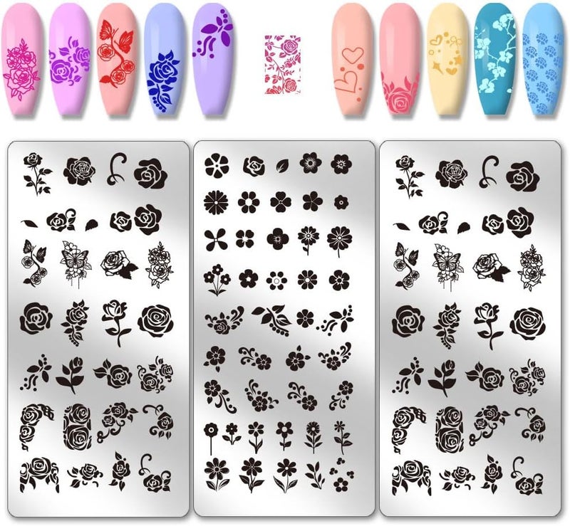 PH PandaHall 3pcs Flower Nail Stamping Plates Rose Nails Art Stencils Leaf Plants Nails Image Plates Daisy Naisl Design Stamp Plate Heart Star Nail Art Templates for Women Manicure Salon DIY Print
