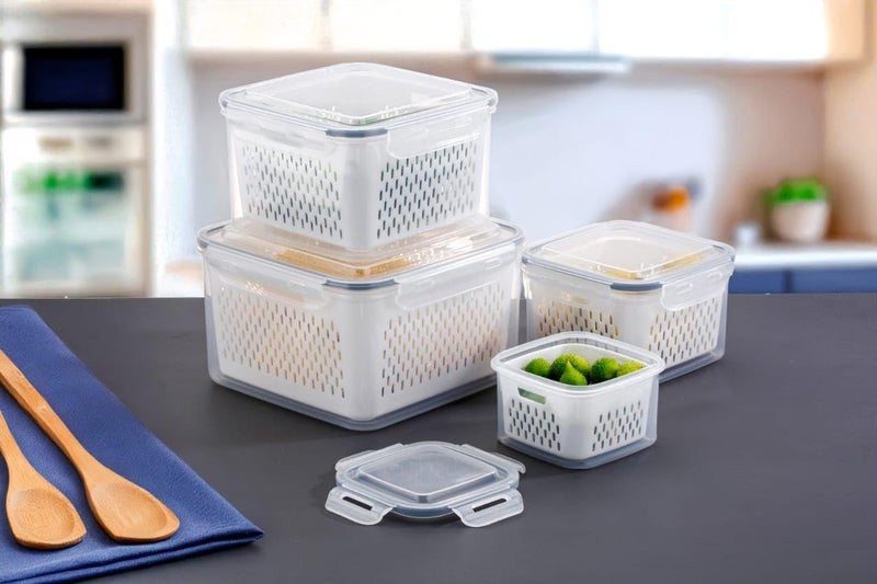 MEDALLIX Refrigerator Storage Containers - Set of 4, BPA-Free, Airtight, Leakproof Kitchen Organizer for Fruits, Vegetables, Food Storage - Stackable, with Drain Basket, Polypropylene (White) - Image 5