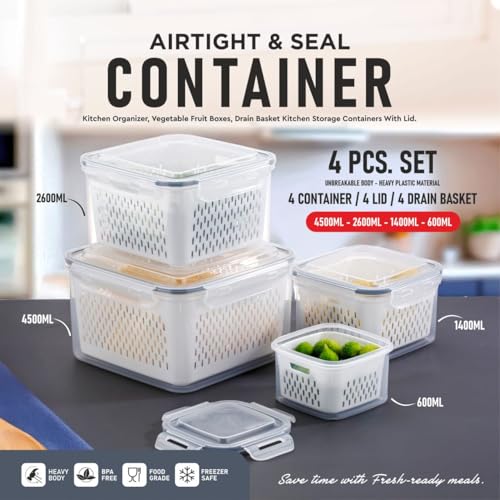 MEDALLIX Refrigerator Storage Containers - Set of 4, BPA-Free, Airtight, Leakproof Kitchen Organizer for Fruits, Vegetables, Food Storage - Stackable, with Drain Basket, Polypropylene (White) - Image 2