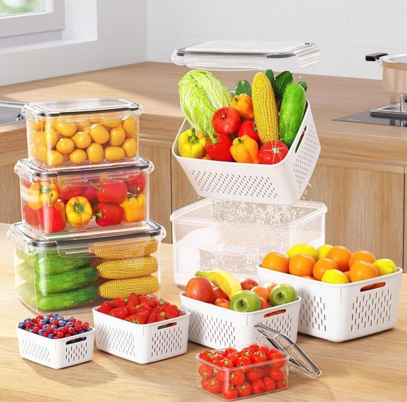 MEDALLIX Refrigerator Storage Containers - Set of 4, BPA-Free, Airtight, Leakproof Kitchen Organizer for Fruits, Vegetables, Food Storage - Stackable, with Drain Basket, Polypropylene (White) - Image 1