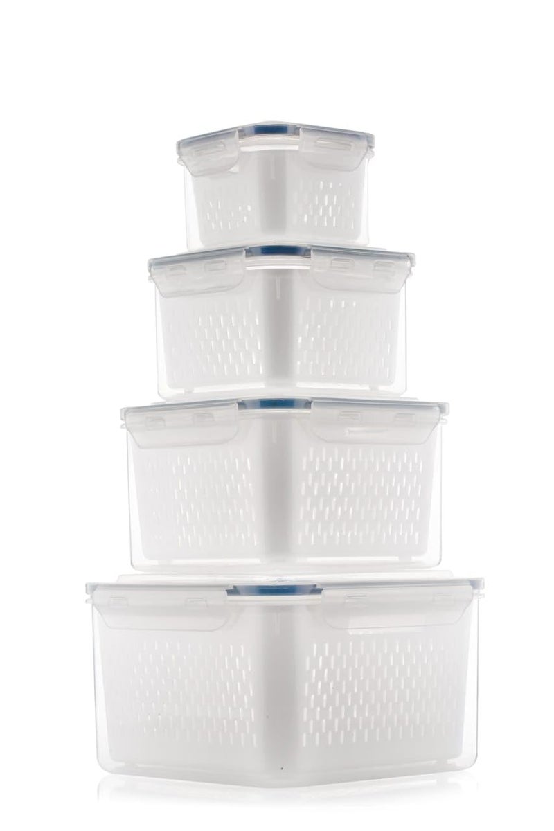 MEDALLIX Refrigerator Storage Containers - Set of 4, BPA-Free, Airtight, Leakproof Kitchen Organizer for Fruits, Vegetables, Food Storage - Stackable, with Drain Basket, Polypropylene (White) - Image 4