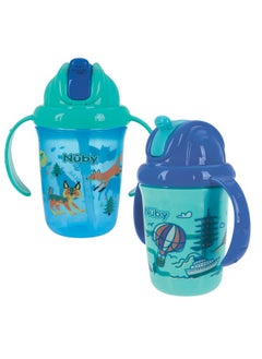 Nuby No-Spill Trainer Soft Straw Two Handle Cup | Flip-n Sip | 2 Pack: Blue Animals & Blue Cars, Aqua Travel & Blue Animals or Pink Animals & Aqua Ocean | 8oz/ 240 ml | 12+ Months