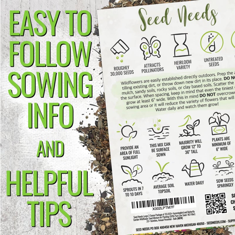 Seed Needs Wildflower Seeds Butterfly and Hummingbird Seed Mix 2 Ounce No Filler | 23 Varieties Annual & Perennial Species Such as Butterfly Milkweed, Cosmos & Zinnia | Resealable Bulk Package - Image 3