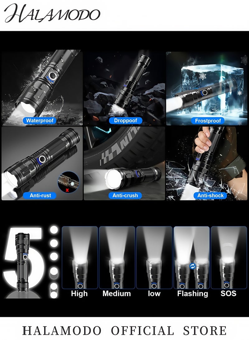 HALAMODO Rechargeable High Lumens USB Charging Flashlight LED Tactical Torch with 5 Modes Waterproof Zoomable Long Battery Life for Outdoor Camping Emergency Hiking Biking  - Image 4