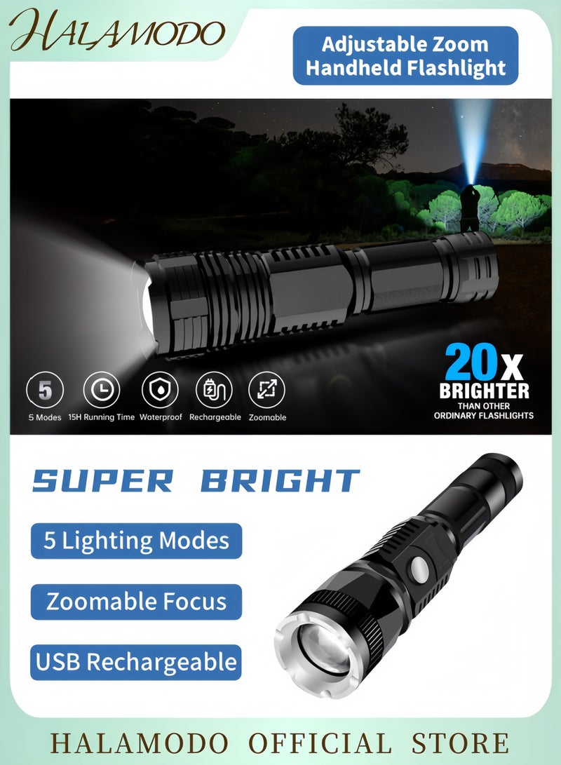 HALAMODO Rechargeable High Lumens USB Charging Flashlight LED Tactical Torch with 5 Modes Waterproof Zoomable Long Battery Life for Outdoor Camping Emergency Hiking Biking  - Image 1