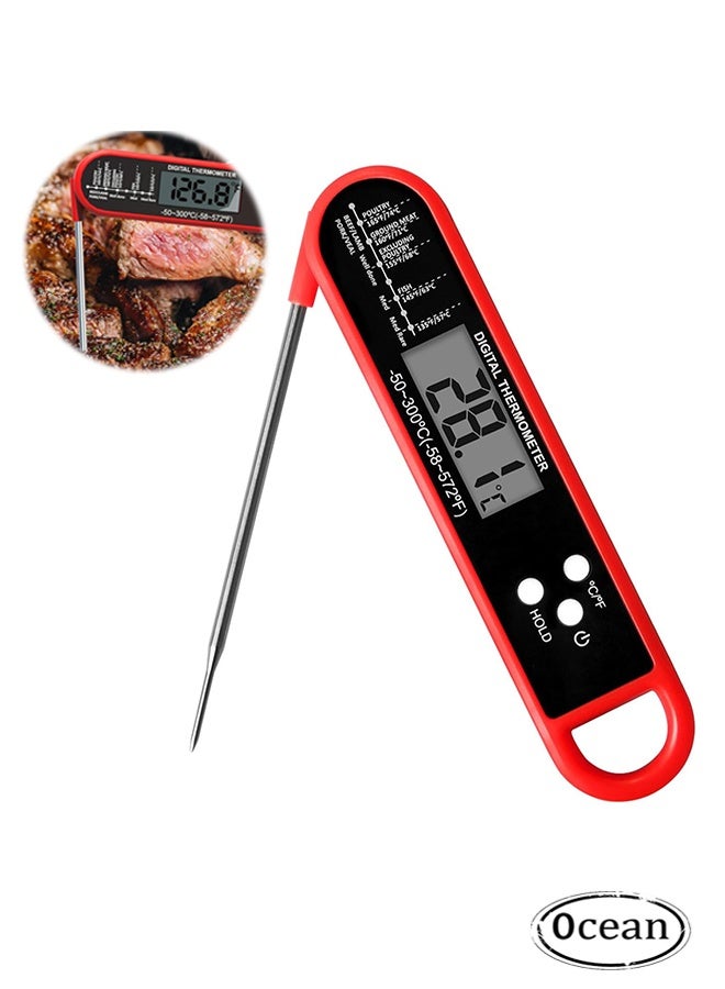 JS Instant Read Food Thermometer with Magnet LCD Screen, Foldable Long Probe and Function, Meat Thermometer Probe for Kitchen, BBQ, Water, Milk, Cooking Food (Red) - Image 1