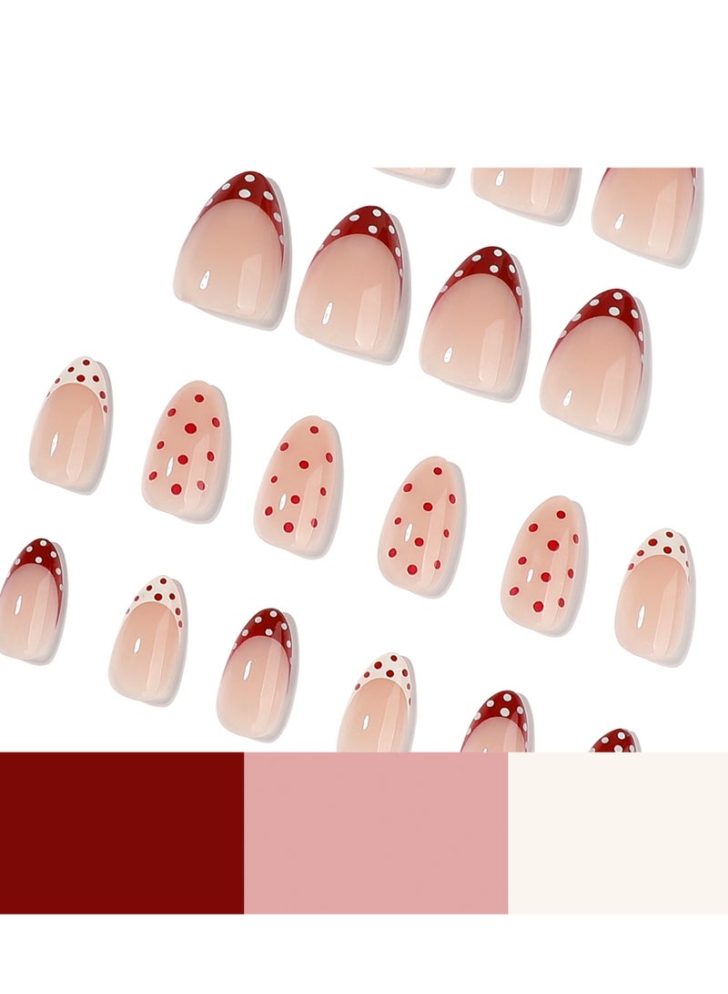 JOSQUEWNN 24pcs Short Oval Press On Nails, Glossy nude pink fake nails with red & white polka-dot French tips. Reusable acrylic set with glue for easy DIY daily or party manicures.Fake Acrylic Nails With Glue Kit. - Image 2