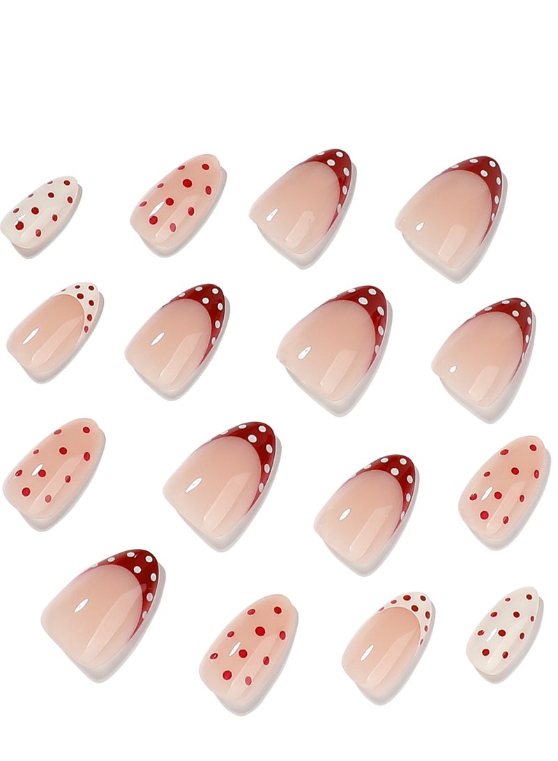 JOSQUEWNN 24pcs Short Oval Press On Nails, Glossy nude pink fake nails with red & white polka-dot French tips. Reusable acrylic set with glue for easy DIY daily or party manicures.Fake Acrylic Nails With Glue Kit. - Image 3