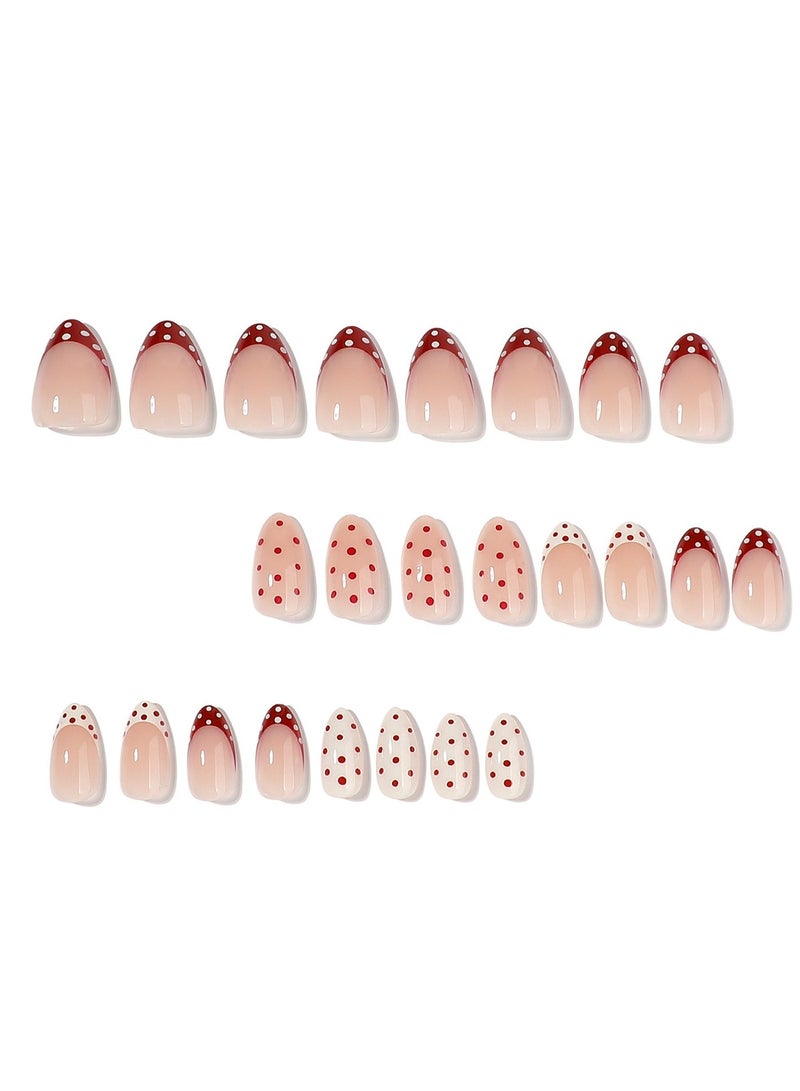 JOSQUEWNN 24pcs Short Oval Press On Nails, Glossy nude pink fake nails with red & white polka-dot French tips. Reusable acrylic set with glue for easy DIY daily or party manicures.Fake Acrylic Nails With Glue Kit. - Image 5